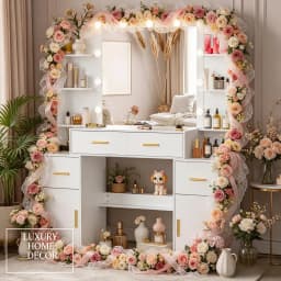 Modern White Dressing Table, Large Mirror Vanity Dresser, 4 Storage Drawers Organizer Bedroom Desk