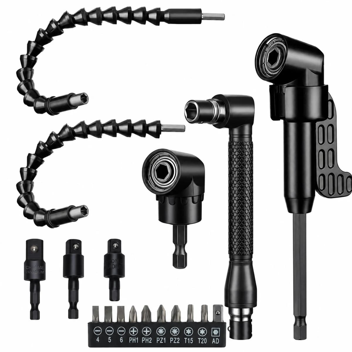 18Pcs 360 Rotatable Hex Shank Impact Driver Socket Adapter Set 105° Right Angle Drill Attachment 10 Short Screwdriver Bits