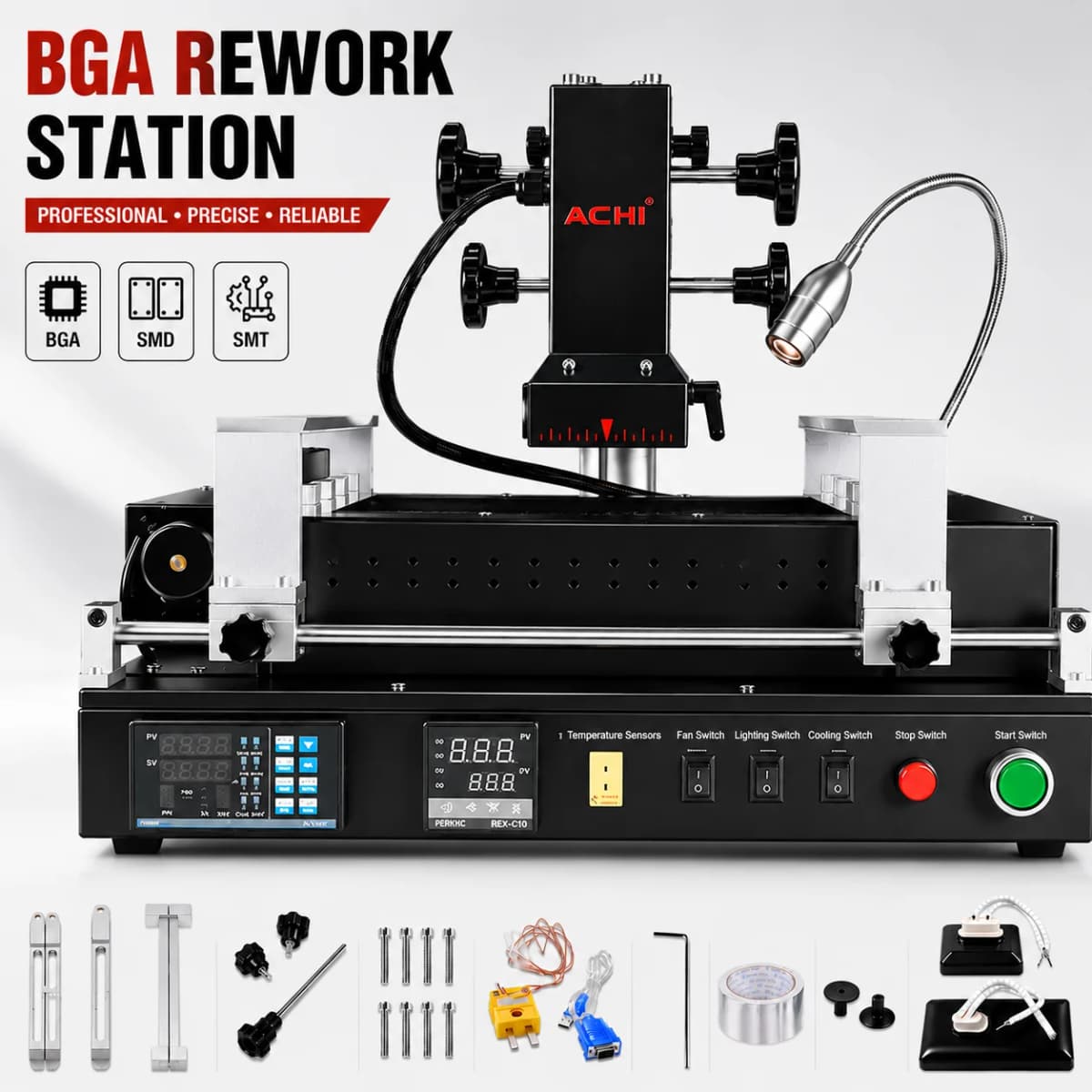 ACHI PRO SC Infrared BGA Rework Station for BGA repair, featuring precise temperature control, stable heating and complete accessories