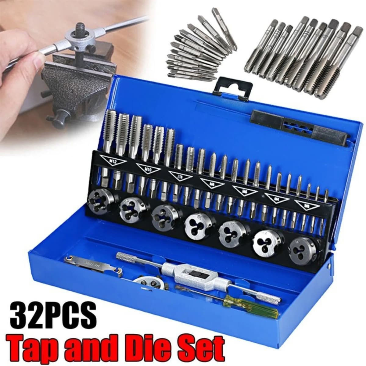 32PCS Tap and Die Set Metric Wrench Cut M3-M12 Hand Screw Thread Drill Tool