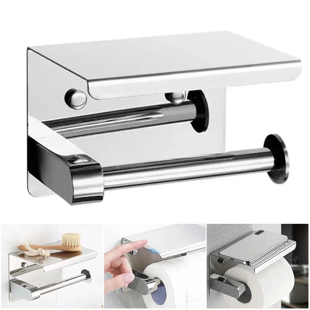 Toilet Paper Roll Holder with Phone Shelf Tissue Rack chrome steel Bathroom NEW