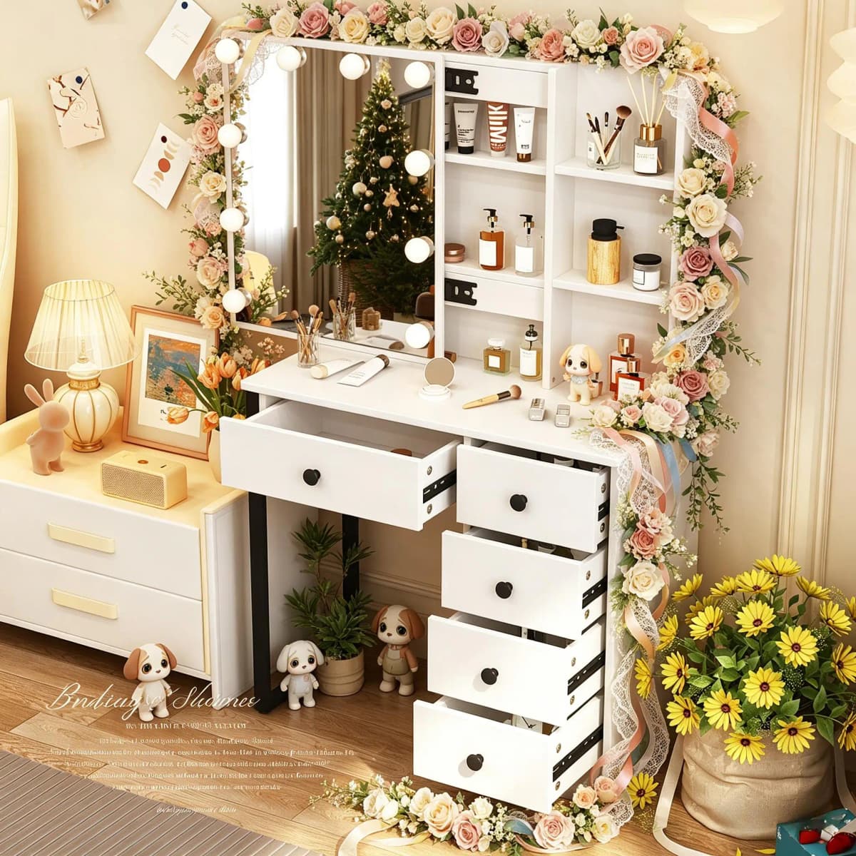 Hollywood Vanity Set, 3 Color Dimmable LED Bulbs Mirror, 5 Drawer Storage Bedroom Dressing Table