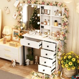 Hollywood Vanity Set, 3 Color Dimmable LED Bulbs Mirror, 5 Drawer Storage Bedroom Dressing Table