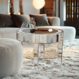 Luxury Round Mirrored Bedside Table, Crystal Diamond Inlay Accent Side Table for Living Room & Bedroom Decor