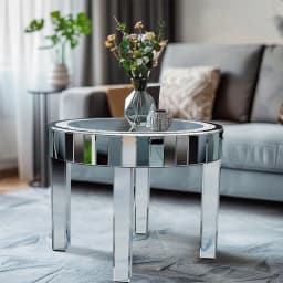 Luxury Round Mirrored Bedside Table, Crystal Diamond Inlay Accent Side Table for Living Room & Bedroom Decor