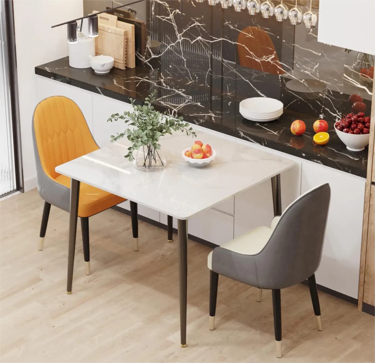 Square Restaurant Marble Dining Table Compact Dishes Serve Table with Metal Legs Kitchen Furniture for 4-6 Seats