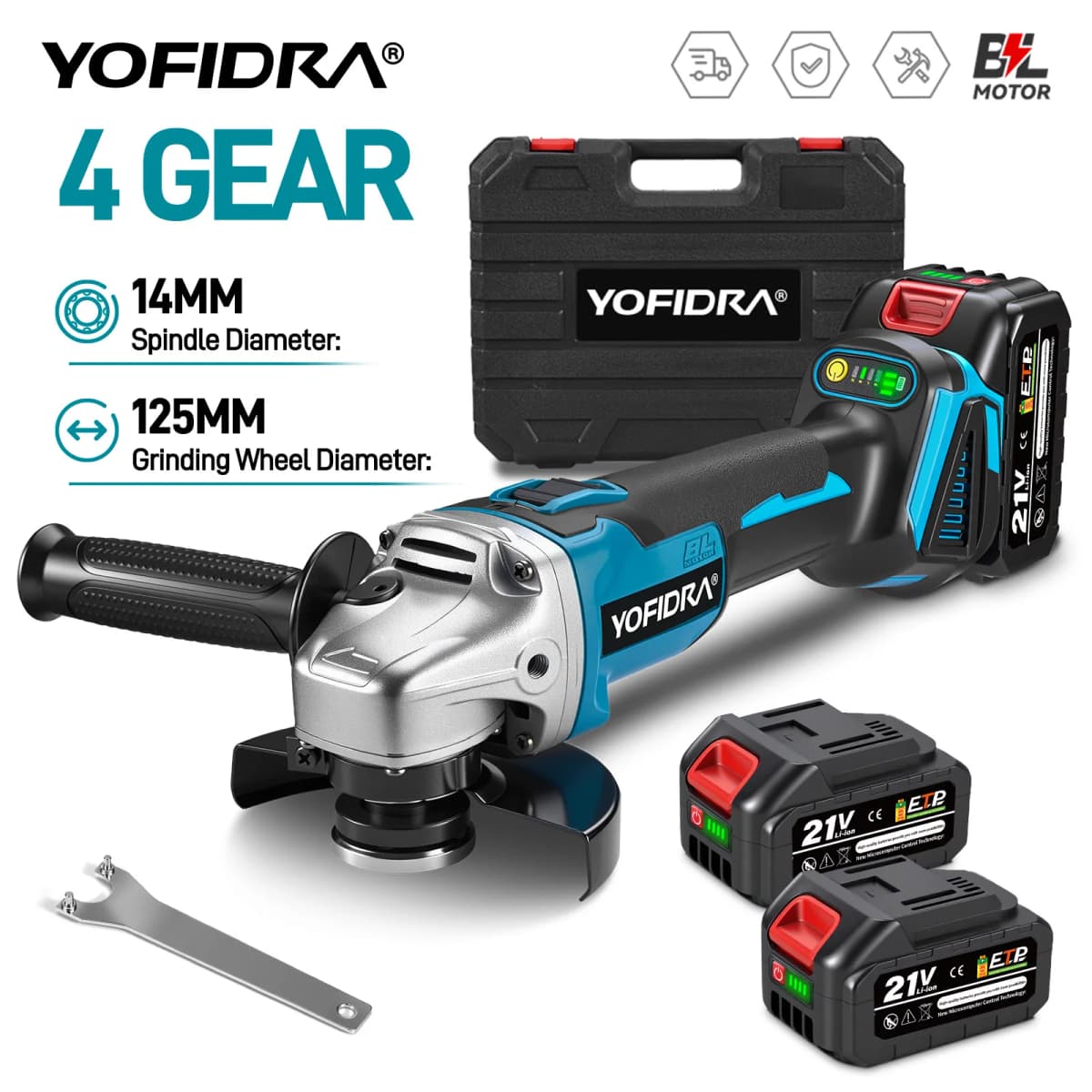 YOFIDRA 125mm M14 Brushless Angle Grinder Cutting Machine Cordless Electric Angle Grinder Power Tools for Makita 21V Battery Pin