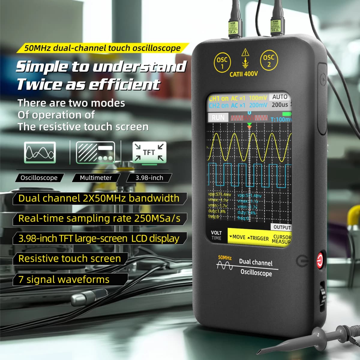 NEW Touch Screen Digital Oscilloscope+Signal Generator Dual Channel Bandwidth: 50MHz Sampling Rate: 250MSa/s 3.98 inch TFT