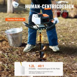 SucceBuy Post Hole Digger Gas Powered 52CC 1450W Earth Auger Gas Auger w/ 6”&10” Auger Drill Action Design Bits&3 Extension Rods