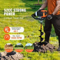 SucceBuy Post Hole Digger Gas Powered 52CC 1450W Earth Auger Gas Auger w/ 6”&10” Auger Drill Action Design Bits&3 Extension Rods