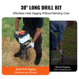 SucceBuy Post Hole Digger Gas Powered 52CC 1450W Earth Auger Gas Auger w/ 6”&10” Auger Drill Action Design Bits&3 Extension Rods