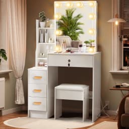 White Modern Vanity Table Set with LED Lighted Mirror & Stool Drawer Storage Makeup Dressing Table for Bedroom Cosmetic