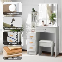 White Modern Vanity Table Set with LED Lighted Mirror & Stool Drawer Storage Makeup Dressing Table for Bedroom Cosmetic