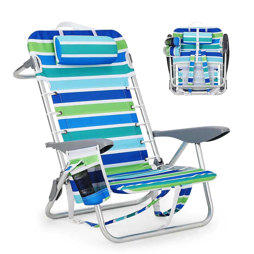 Backpack Beach Chair Adults 5 Reclining Lay Flat With Cup/Phone/Towel Holders Lightweight 9LB 350LB Capacity For Beach Camping