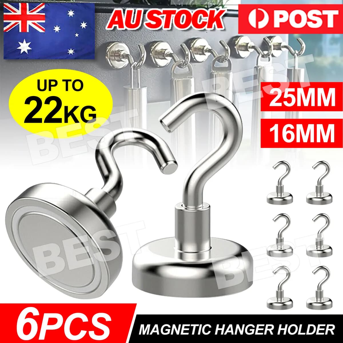 6x 12Lb Magnet Hanging Hooks Rare Earth Neodymium Strong Magnetic Hanger Holder
