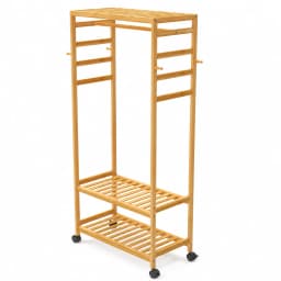 Rolling Bamboo Clothes Rack with Shelves and Hooks, Freestanding Garment Rack Organizer for Bedroom, Laundry Room and Entryway