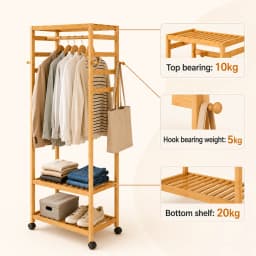 Rolling Bamboo Clothes Rack with Shelves and Hooks, Freestanding Garment Rack Organizer for Bedroom, Laundry Room and Entryway