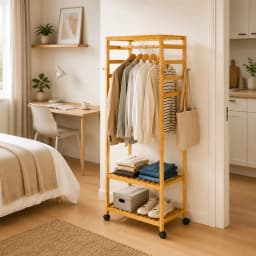 Rolling Bamboo Clothes Rack with Shelves and Hooks, Freestanding Garment Rack Organizer for Bedroom, Laundry Room and Entryway