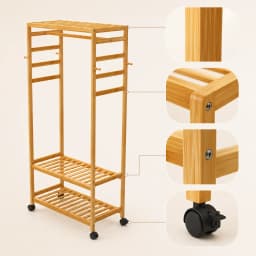 Rolling Bamboo Clothes Rack with Shelves and Hooks, Freestanding Garment Rack Organizer for Bedroom, Laundry Room and Entryway