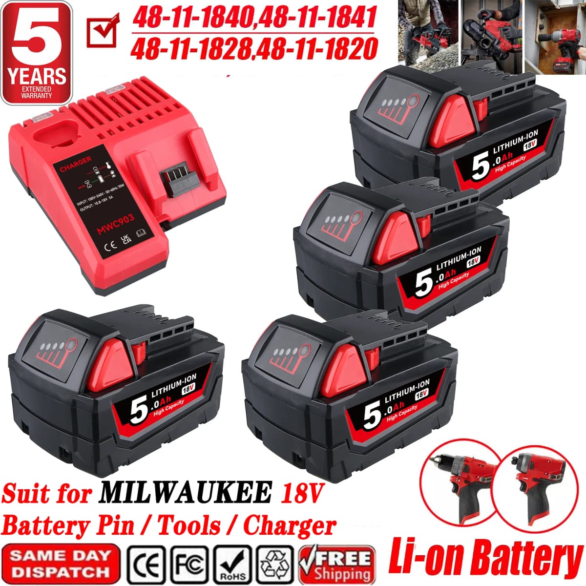 1/2/4Pcs 5.0Ah 18v Li-on Replace for Milwaukee M18 Battery Pin Suit for Milwaukee 18V Cordless Power Tools with M12-18C Charger