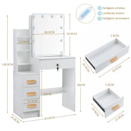 Teousev White Vanity Desk Set with 10 Bulbs 3-Color Dimmable LED Makeup Mirror & Stool, Storage Dressing Table Furniture