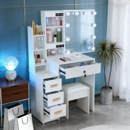 Teousev White Vanity Desk Set with 10 Bulbs 3-Color Dimmable LED Makeup Mirror & Stool, Storage Dressing Table Furniture