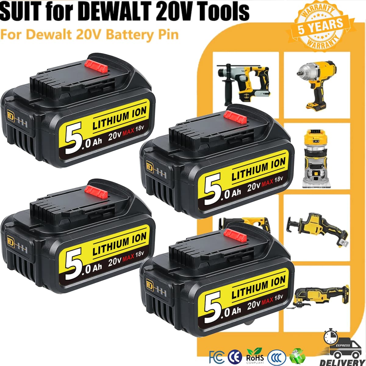 1/2/4Pcs 5.0Ah Li-on DCB200 Replace for DeWalt 20V Battery Pin DCB203 DCB204 DCB205 DCB206 Compatible with Cordless Power Tools