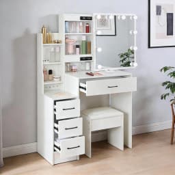 Teousev Modern Dressing Table & Stool Set with LED Sliding 3-Color Lighting Mirror, Storage Makeup Vanity Desk for Bedroom
