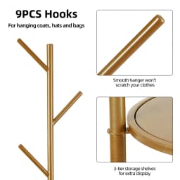 Freestanding Metal Coat Rack Stand Marble Base Clothes Hanger Hall Tree with Storage Shelves and Hooks