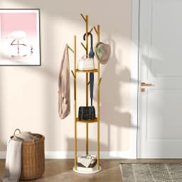 Freestanding Metal Coat Rack Stand Marble Base Clothes Hanger Hall Tree with Storage Shelves and Hooks