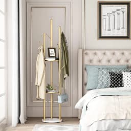 Freestanding Metal Coat Rack Stand Marble Base Clothes Hanger Hall Tree with Storage Shelves and Hooks