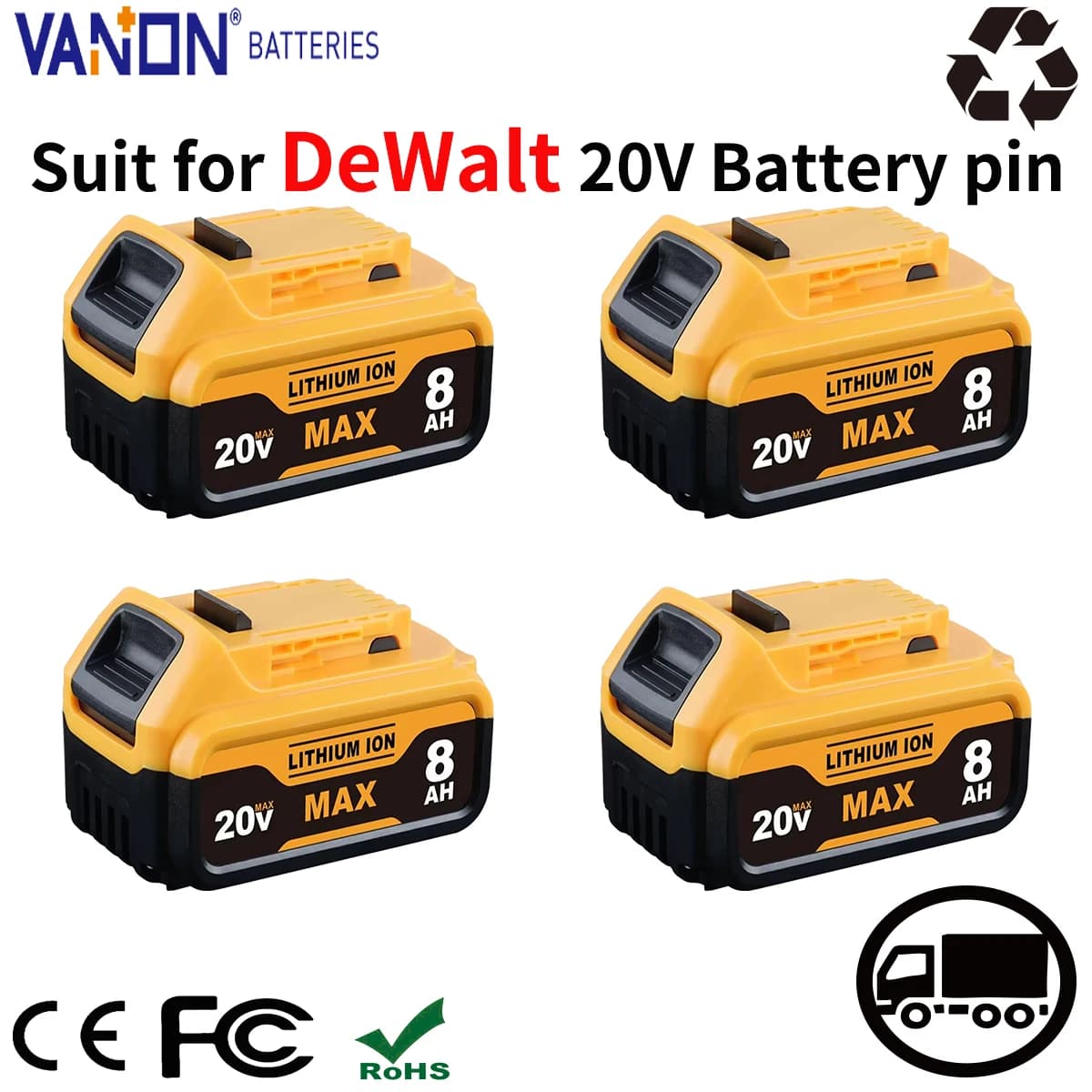 VANON DCB205 8.0Ah 1/2/4Pack 20V Lithium Battery Replace for DeWalt DCB200 DCB180 DCB183 DCB184 DCB202 Cordless Tool Battery pin