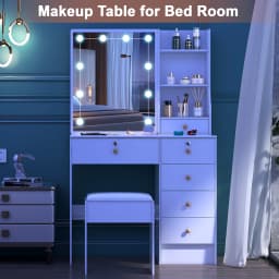 White Modern Vanity Set with Large Touch Control Led Lighted Mirror, 5 Drawers, Stool & 3 Open Compartments Vanity Desk