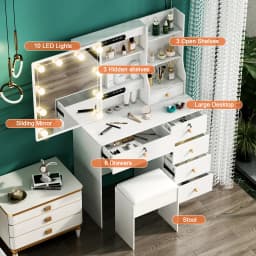 White Modern Vanity Set with Large Touch Control Led Lighted Mirror, 5 Drawers, Stool & 3 Open Compartments Vanity Desk