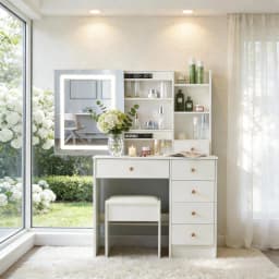 White Modern Vanity Set with Large Touch Control Led Lighted Mirror, 5 Drawers, Stool & 3 Open Compartments Vanity Desk