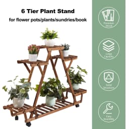 6 Pots Wood Plant Stand Triangular Rolling Flower Holder Storage Rack Outdoor Garden Decorative Rolling Plant Stand