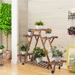 6 Pots Wood Plant Stand Triangular Rolling Flower Holder Storage Rack Outdoor Garden Decorative Rolling Plant Stand