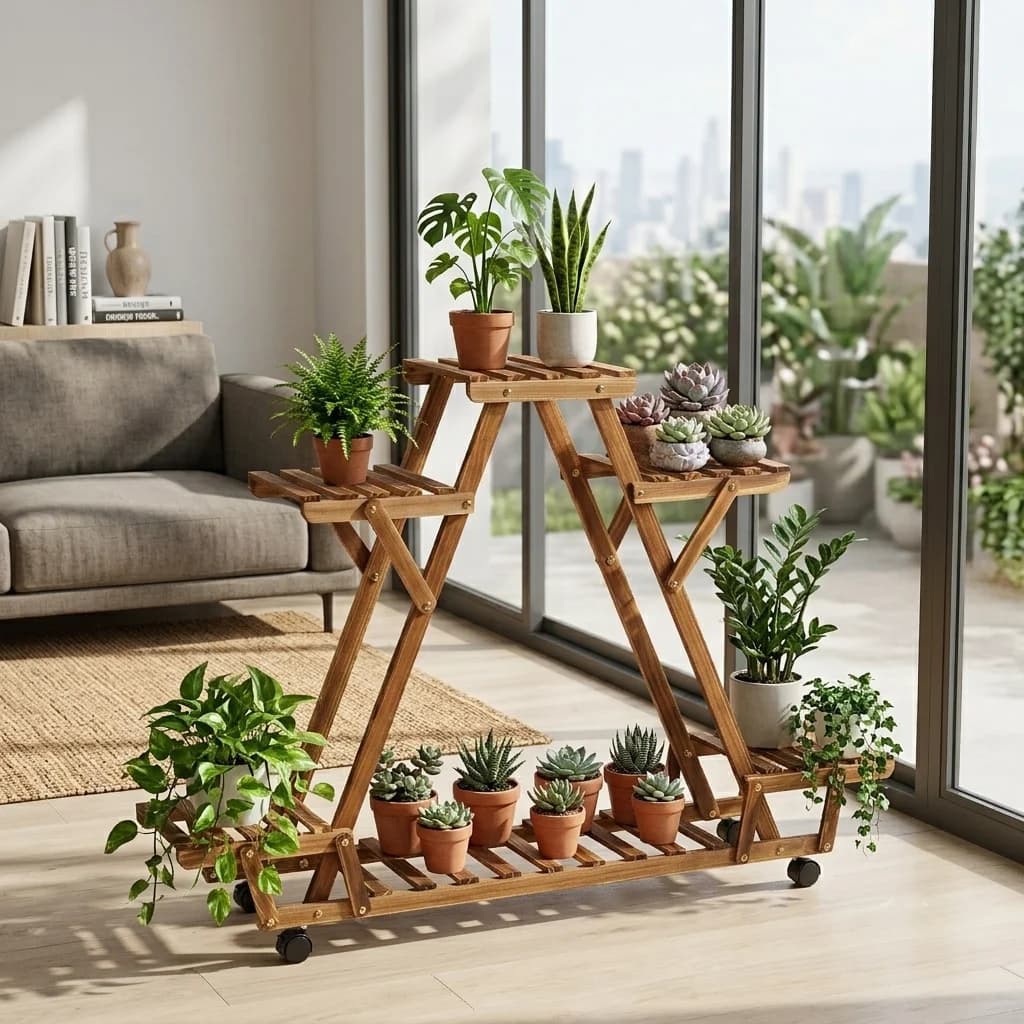 6 Pots Wood Plant Stand Triangular Rolling Flower Holder Storage Rack Outdoor Garden Decorative Rolling Plant Stand
