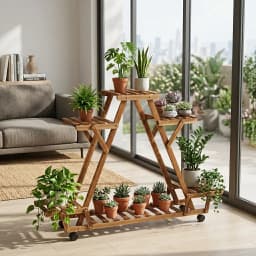6 Pots Wood Plant Stand Triangular Rolling Flower Holder Storage Rack Outdoor Garden Decorative Rolling Plant Stand