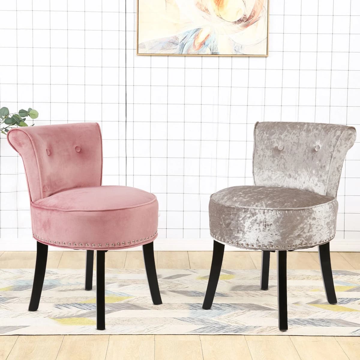 Luxury Velvet Makeup Dressing Stool, Padded Sponge Foam Accent Chair with Wood Legs for Bedroom