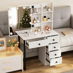 White Hollywood Vanity Set with 3 Color Dimmable Led Bulbs Mirror, 5 Storage Drawers Bedroom Dressing Table Furniture