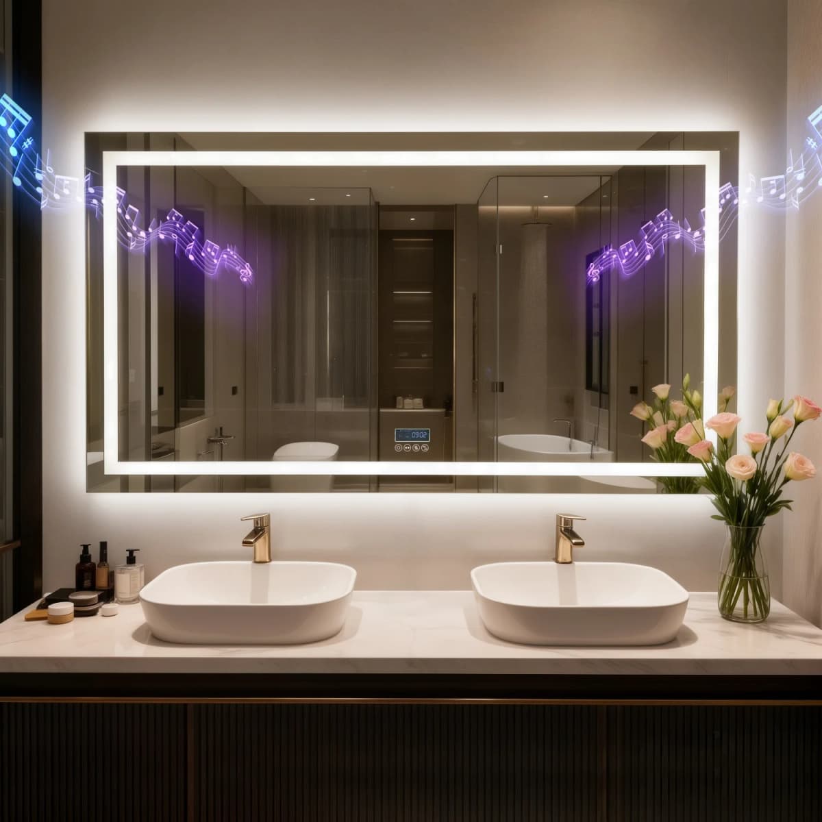 80/100/120/140/160/183cm Bluetooth LED Bathroom Mirror with Dual Speaker and Digital Display Backlight Vanity Mirror Dimmable 3 Colors Antifog