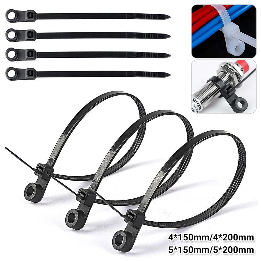 200PCS Nylon Cable Zip Ties with Screw Hole Mount Self locking Strap 5x200mm