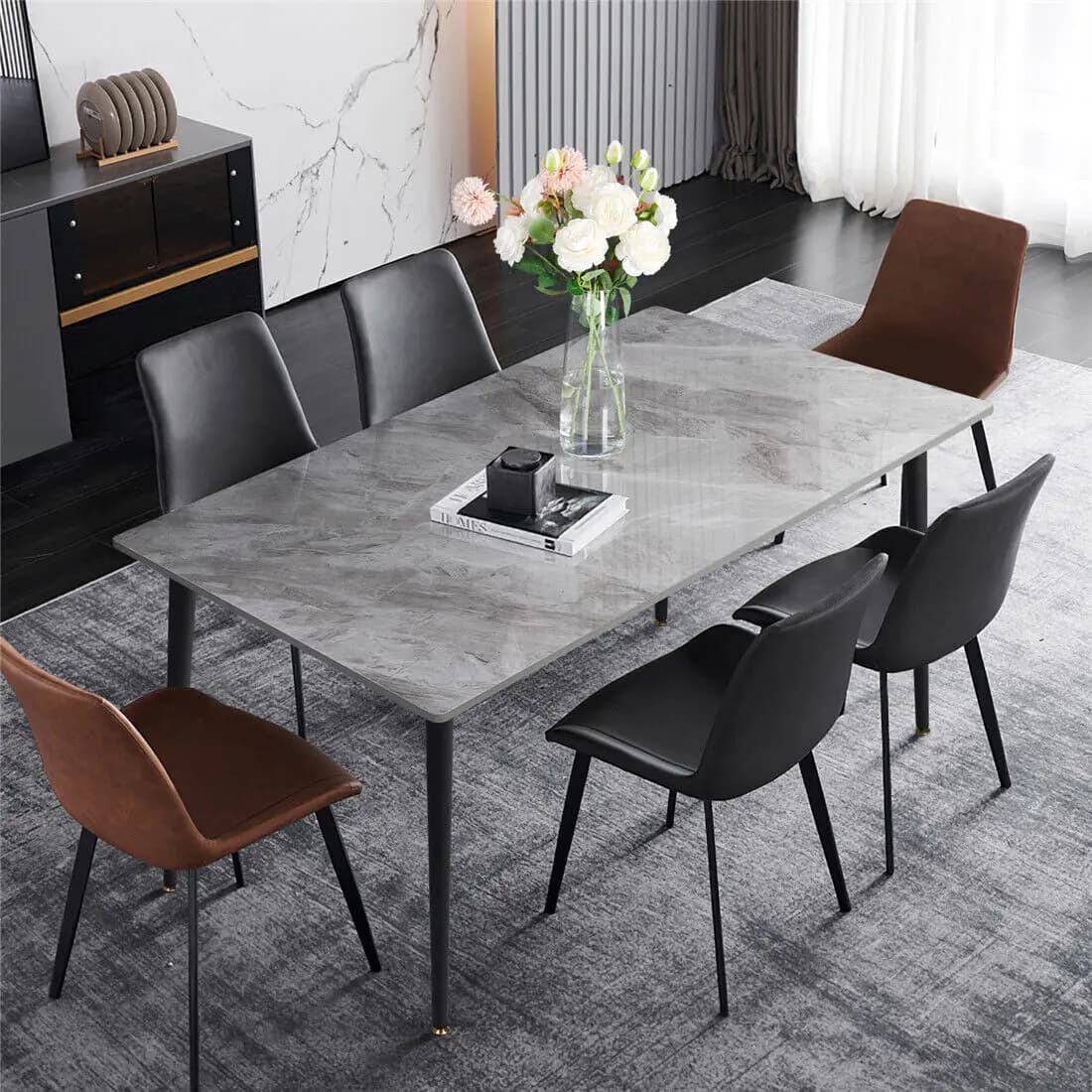 High Gloss 4-6 Seat Rectangular Marble Dining Table for Kitchen Island Restaurant Lunch Dinner Table Metal Frame
