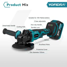 YOFIDRA 125mm Brushless Angle Grinder 3 Gear Grinding Machine Polishing Cutting Woodworking Tool For Makita 21V Battery Pin