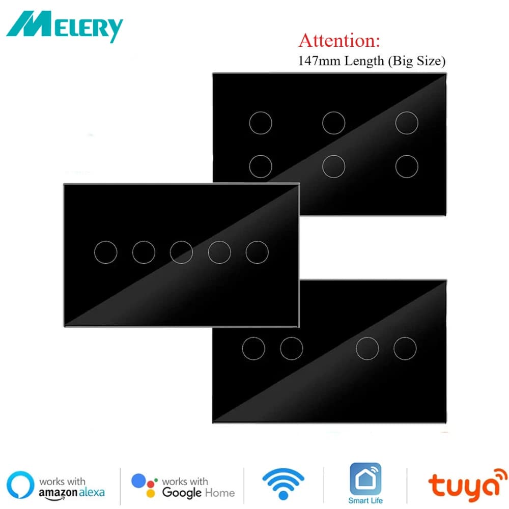 Melery 147mm WIFI Wall Switch Tuya Smart 4/5/6 Gang Light Touch Glass Panel Wireless Voice Remote Control by Alexa Google Home