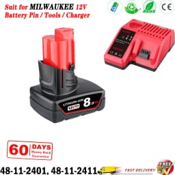 Upgraded 1/2/4Pcs 8.0Ah M12 Replace for Milwaukee 12V Li-on Battery Pin+M12-18C Charger, Compatible with Cordless Power Tools
