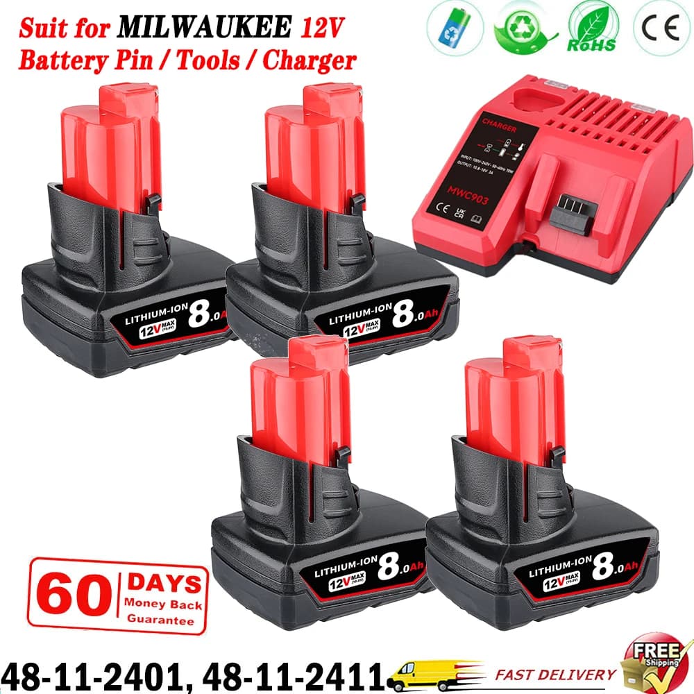 Upgraded 1/2/4Pcs 8.0Ah M12 Replace for Milwaukee 12V Li-on Battery Pin+M12-18C Charger, Compatible with Cordless Power Tools