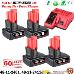Upgraded 1/2/4Pcs 8.0Ah M12 Replace for Milwaukee 12V Li-on Battery Pin+M12-18C Charger, Compatible with Cordless Power Tools
