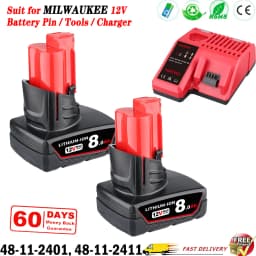 Upgraded 1/2/4Pcs 8.0Ah M12 Replace for Milwaukee 12V Li-on Battery Pin+M12-18C Charger, Compatible with Cordless Power Tools